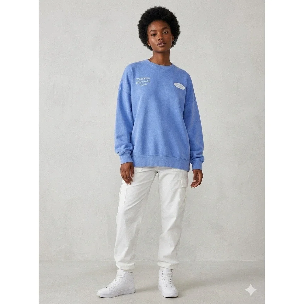 Womens Oversized Pullover Fleece Sweatshirt Football Club Light Blue Size XS - Picture 3 of 13